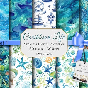 May include: A set of 50 digital seamless patterns featuring a Caribbean theme. The patterns include various designs such as seashells, starfish, fish, seaweed, and ocean waves. The patterns are 12x12 inches and 300 DPI.