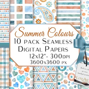 May include: Ten digital seamless papers with watercolour designs in blue, orange, and brown. The patterns include stripes, polka dots, and geometric shapes. The image text reads "Summer Colours" and "12x12" - 300DPI" (30.5 x 30.5 cm).