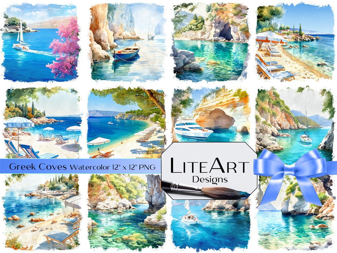 12 Greek Coves Images Watercolor 12 X 12 / 300 Dpi Etsy