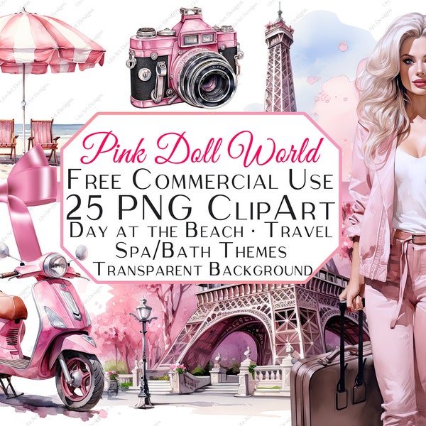 Pink Doll World Clipart,Commercial Use,PNG,Transparent Background, Watercolor,Spa-Bath,Travel,Beach,Print,Ephemera,Instant Digital Download