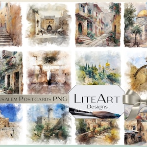 Postales de Jerusalén en acuarela PNG: 12 escenas de Jerusalén, fondo transparente, Tierra Santa, lugares históricos, descarga digital