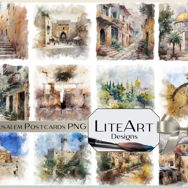 Jerusalem Postcards Watercolor PNGs – 12 Scenes of Jerusalem, Transparent Background, Holy Land, Historical Sites, Digital Download