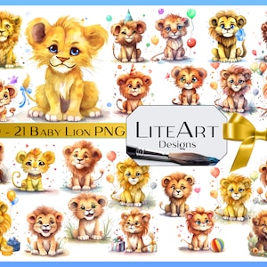 LEO: 21 Watercolor Baby Lions - Clipart, Transparent Background PNGs, Zodiac Images for Children, Jungle Animals, Nursery, Digital Download
