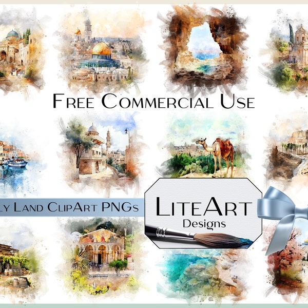 12 Holy Land PNGs–Watercolors Scenes,Clipart/Papers,Transparent BG,Jerusalem,Masada,Dead Sea,Jaffa,Israel,Historical Sites,Digital Download