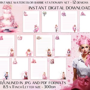 Watercolor Barbie Stationery, Pink Girls & elements, 12 designs Printable Writing Paper, Letter Writing Paper Set Notepaper digital download
