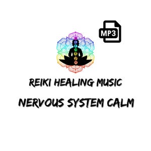 Op de afbeelding: Digitale MP3-bestand met de tekst "Reiki Healing Music Nervous System Calm". De afbeelding toont een kleurrijke illustratie van een mediterende persoon, met chakra-symbolen en een lotusbloemontwerp.