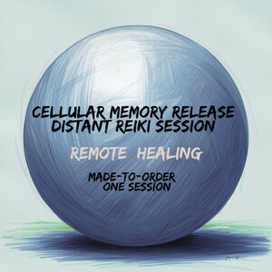 Può includere: Una sfera blu con il testo "Cellular Memory Release Distant Reiki Session Remote Healing Made-to-Order One Session" su di essa.