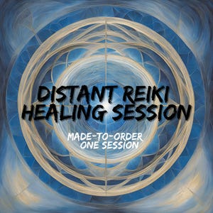 Puede incluir: Un diseño de mandala azul y dorado con el texto "DISTANT REIKI HEALING SESSION" y "MADE-TO-ORDER ONE SESSION" en texto negro.