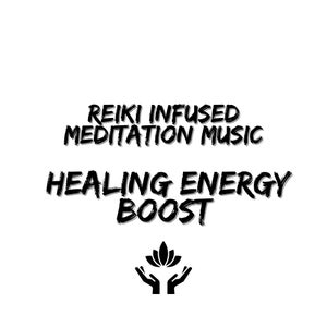 Puede incluir: Un gráfico digital con texto negro sobre un fondo blanco. El texto dice REIKI INFUSED MEDITATION MUSIC y HEALING ENERGY BOOST. Debajo del texto hay un icono negro de dos manos ahuecadas hacia arriba, sosteniendo una flor de loto estilizada.
