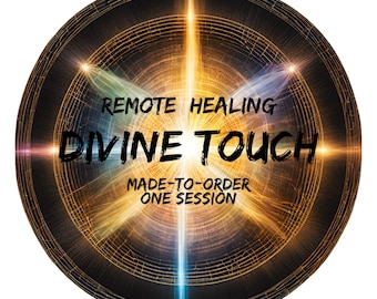 May include: A circular graphic with a golden and blue light emanating from the center. The text "REMOTE HEALING DIVINE TOUCH MADE-TO-ORDER ONE SESSION" is written in black on the graphic.