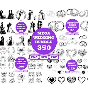 May include: A black and white illustration set of 350 wedding-themed graphics, including bride and groom silhouettes, wedding rings, bells, hearts, and floral wreaths. The set includes 80 bride and groom illustrations, 50 wedding ring illustrations, 100 bell illustrations, and 120 heart illustrations.