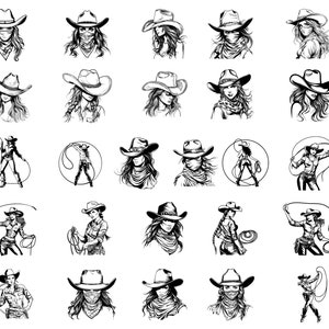 May include: A set of 24 black and white illustrations of cowgirls wearing cowboy hats. The cowgirls are depicted in various poses, including riding horses, roping cattle, and holding lassoes.