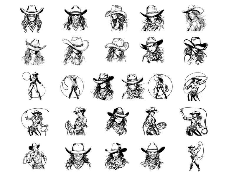 May include: A set of 24 black and white illustrations of cowgirls wearing cowboy hats. The cowgirls are depicted in various poses, including riding horses, roping cattle, and holding lassoes.