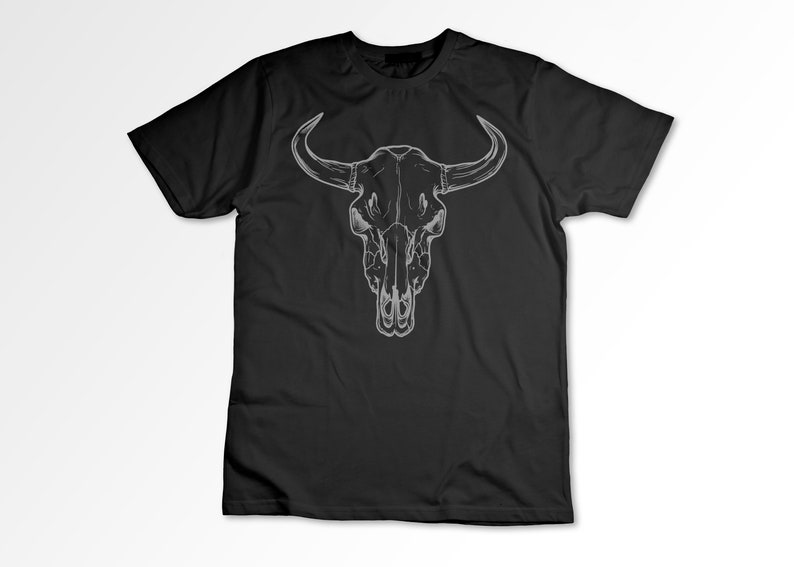 May include: A black t-shirt with a white outline of a bull skull.