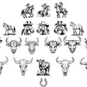 May include: Black and white line art illustrations of horses, cowboys, bulls, and skulls. The illustrations include a cowboy riding a horse, a horseshoe, a bull's head, and a skull with horns.
