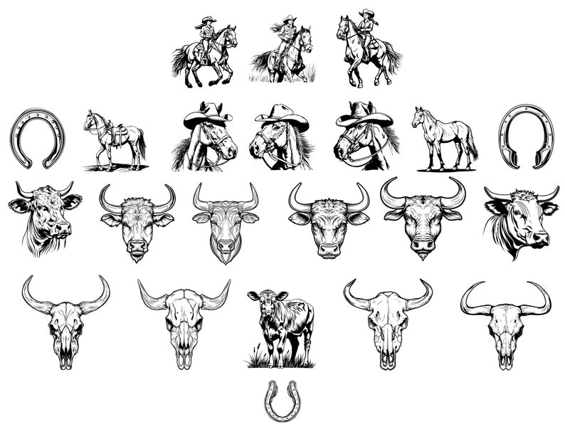 May include: Black and white line art illustrations of horses, cowboys, bulls, and skulls. The illustrations include a cowboy riding a horse, a horseshoe, a bull's head, and a skull with horns.
