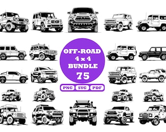 May include: A collection of 75 black and white illustrations of off-road 4x4 vehicles. The illustrations are in a variety of styles and include trucks, SUVs, and jeeps. The text "OFF-ROAD 4x4 BUNDLE 75" is displayed in a purple circle.