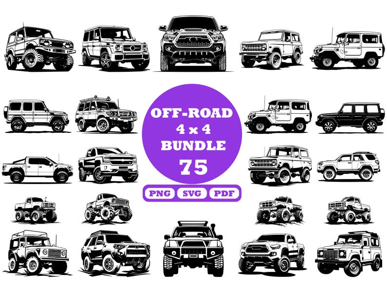 May include: A collection of 75 black and white illustrations of off-road 4x4 vehicles. The illustrations are in a variety of styles and include trucks, SUVs, and jeeps. The text "OFF-ROAD 4x4 BUNDLE 75" is displayed in a purple circle.