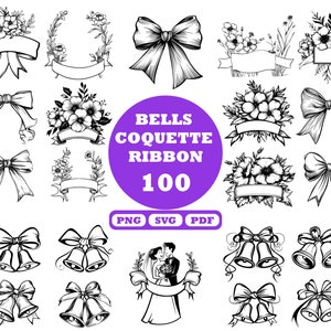 May include: A set of 100 black and white illustrations of bells, bows, ribbons, and floral wreaths. The text "BELLS COQUETTE RIBBON 100" is in a purple circle. The text "PNG SVG PDF" is below the circle.