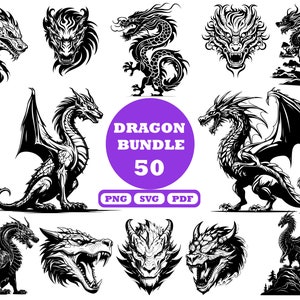 Pacchetto SVG drago, pacchetto testa di drago, clipart drago, vettore drago, sagoma drago, pacchetto drago cinese, file di taglio SVG drago Cricut