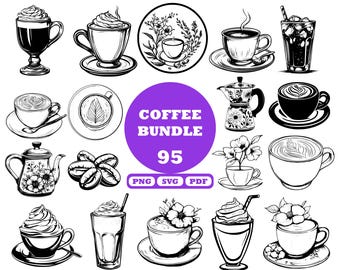 SVG-bundel koffie: bloemen koffiekopje clipart digitale download
