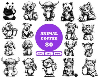 Funny Animal Coffee Clipart Bundle, Farmhouse SVG PNG PDF