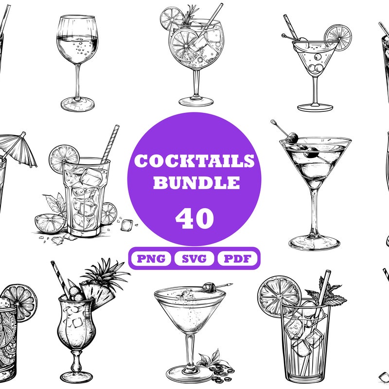 Cocktail Clipart Black and White - Etsy