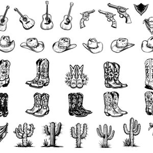 May include: A collection of black and white illustrations of cowboy and western themed items, including guitars, hats, boots, bandanas, and cacti.