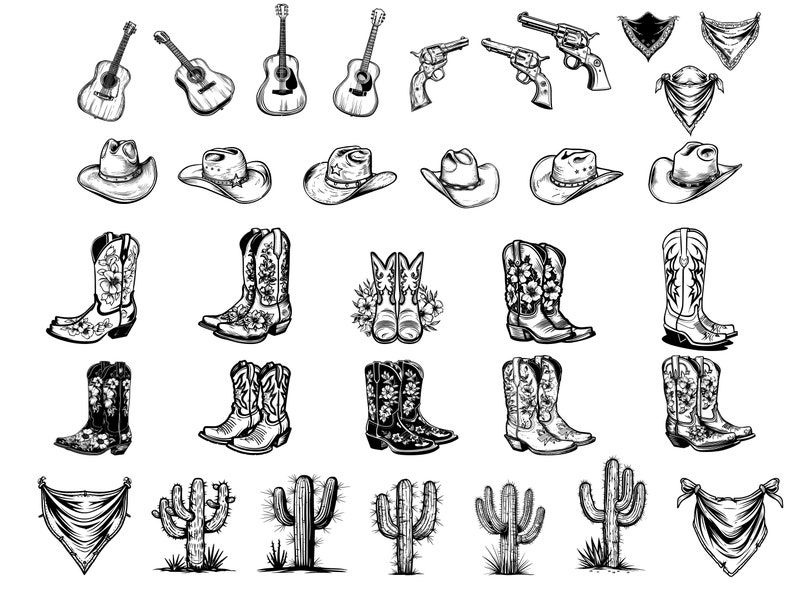 May include: A collection of black and white illustrations of cowboy and western themed items, including guitars, hats, boots, bandanas, and cacti.