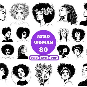 Afro vrouw SVG bundel, Afro koningin Svg, krullend haar Svg, Afro prinses Svg, bloemen afro bundel, zwarte vrouw Svg, afrohaar, krullend haar,