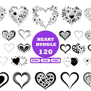 Paquete de Svg de corazón, Svg de amor, Svg de corazón de boda, archivos de corte de corazón lindo, íconos de corazón, corazón floral, corazón de garabato, Cricut de corazón, clipart de corazón