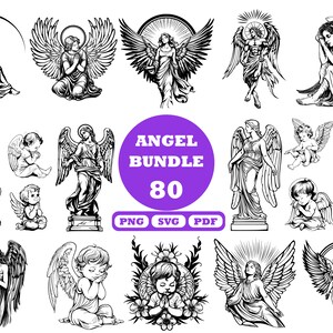 May include: A set of 80 black and white angel illustrations. The illustrations feature angels in various poses, including praying, flying, and holding a trumpet. The text "Angel Bundle 80" is displayed in a purple circle with the words "PNG, SVG, PDF" below it.