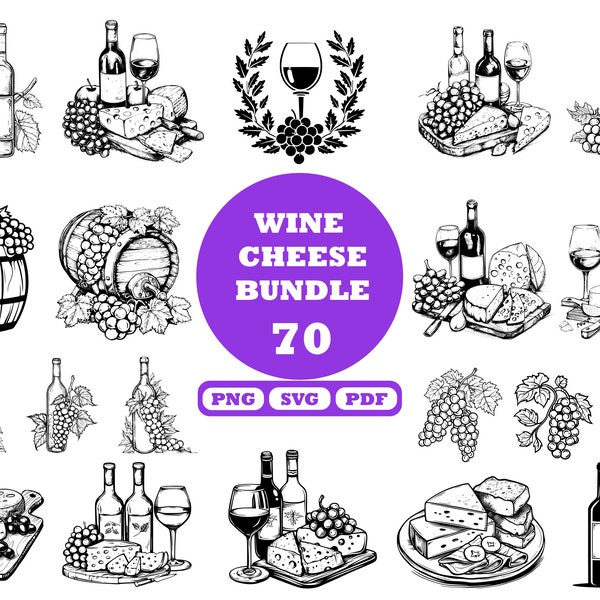 Wine and Cheese Svg Bundle, Wine Clipart, Grape Svg, Wine barrel Svg, Cheese Svg, Wine Glass Svg, Charcuterie Svg, Laser Engraved Files