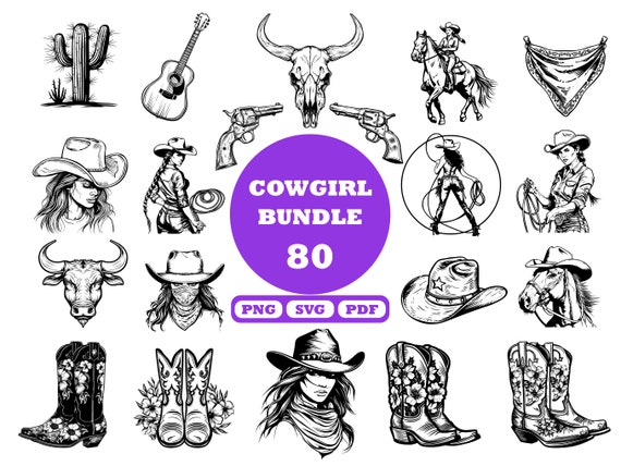 Cowgirl SVG Bundle, Floral Western Boots Clipart, Rodeo Cow Skull Cut File for Cricut