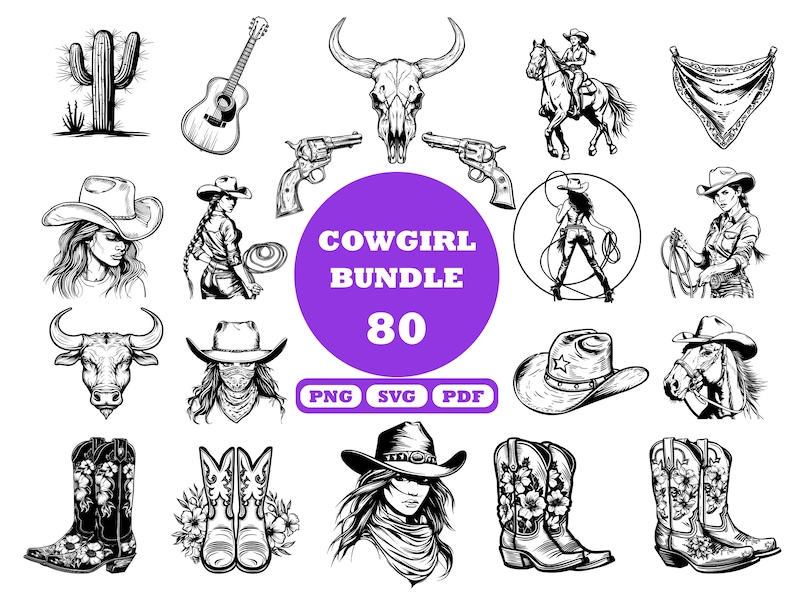 May include: A set of 80 black and white cowgirl themed illustrations. The illustrations include a cactus, a guitar, a skull, a bandana, a cowboy hat, a lasso, a horse, a pair of boots, and a cow. The text "COWGIRL BUNDLE 80" is displayed in a purple circle. The text "PNG SVG PDF" is displayed below the circle.