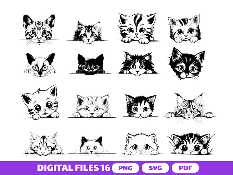 Pu&ograve; includere: Un set di 16 illustrazioni digitali di gatti in bianco e nero. I gatti stanno guardando da sopra una superficie, con le loro teste e le loro zampe visibili. Le illustrazioni sono in una variet&agrave; di pose ed espressioni.