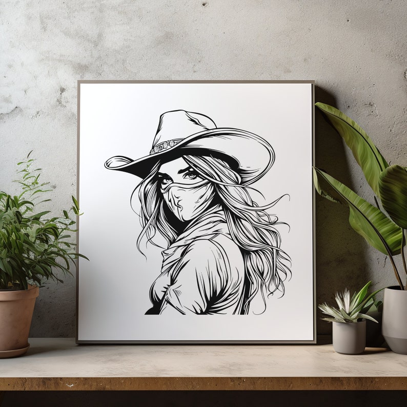 May include: Black and white line art illustration of a woman wearing a cowboy hat and a face mask. The woman is looking to the side and her hair is long and flowing.