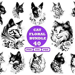 Chat floral SVG, clipart chat floral, fichiers Svg floral chat pour Cricut, Svg floral silhouette chat, chat mignon svg, svg chat noir, lot de chat