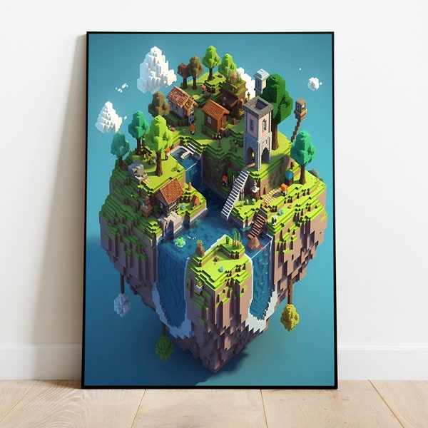 Minecraft poster, Minecraft, Pixel Game Poster, Game Art, Kids Room Decor, Minecraft landscape, Minecraft world, Minecraft Cube landscape