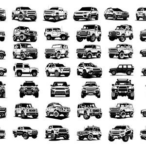 May include: A collection of 36 black and white illustrations of various off-road vehicles, trucks, and SUVs. The vehicles are drawn in a simple, cartoon style and are all facing forward.