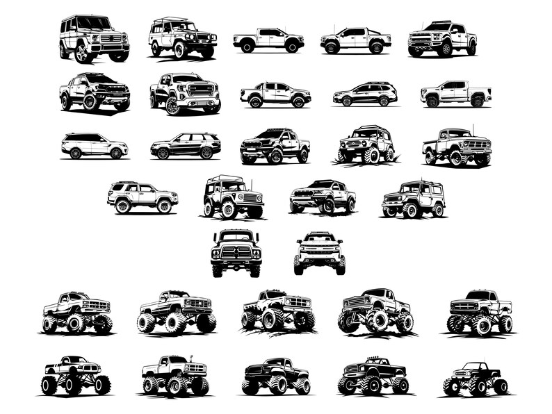May include: A collection of 25 black and white illustrations of various off-road vehicles, trucks, and SUVs. The vehicles are drawn in a simple, cartoon style and are all facing forward.