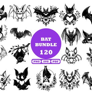 Puede incluir: Colección de 20 ilustraciones de murciélagos en blanco y negro, en varios estilos. Los diseños incluyen murciélagos con detalles florales, formas de corazón y rasgos de dibujos animados. Un círculo morado central muestra "BAT BUNDLE 120" con iconos de tipo de archivo.