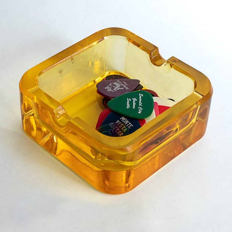 Mod Heavy Glass Yellow Ashtray, Chunky Vibrant Yellow Glass Catchall