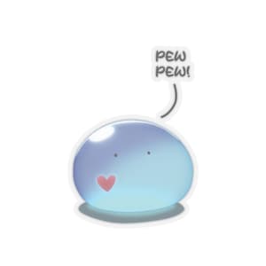 May include: A sticker of a blue, translucent blob with a red heart and two small dots. A speech bubble above the blob says "PEW PEW!" in black text. The sticker has a white border and a shadow.