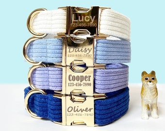Personalized Blue Corduroy Dog Collar | Engraved Pet Name