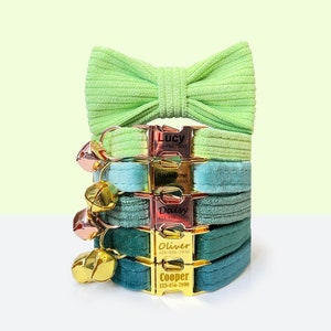 Green Velvet Cat Collar with Bell and Bow | Personalized Custom Engrave with Name | Kitten Collar