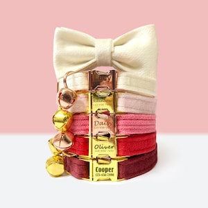 Red Velvet Cat Collar with Bell and Bow | Personalized Custom Engrave with Name | Kitten Collar