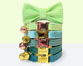 Green Velvet Cat Collar with Bell & Bow | Personalized Kitten Collar
