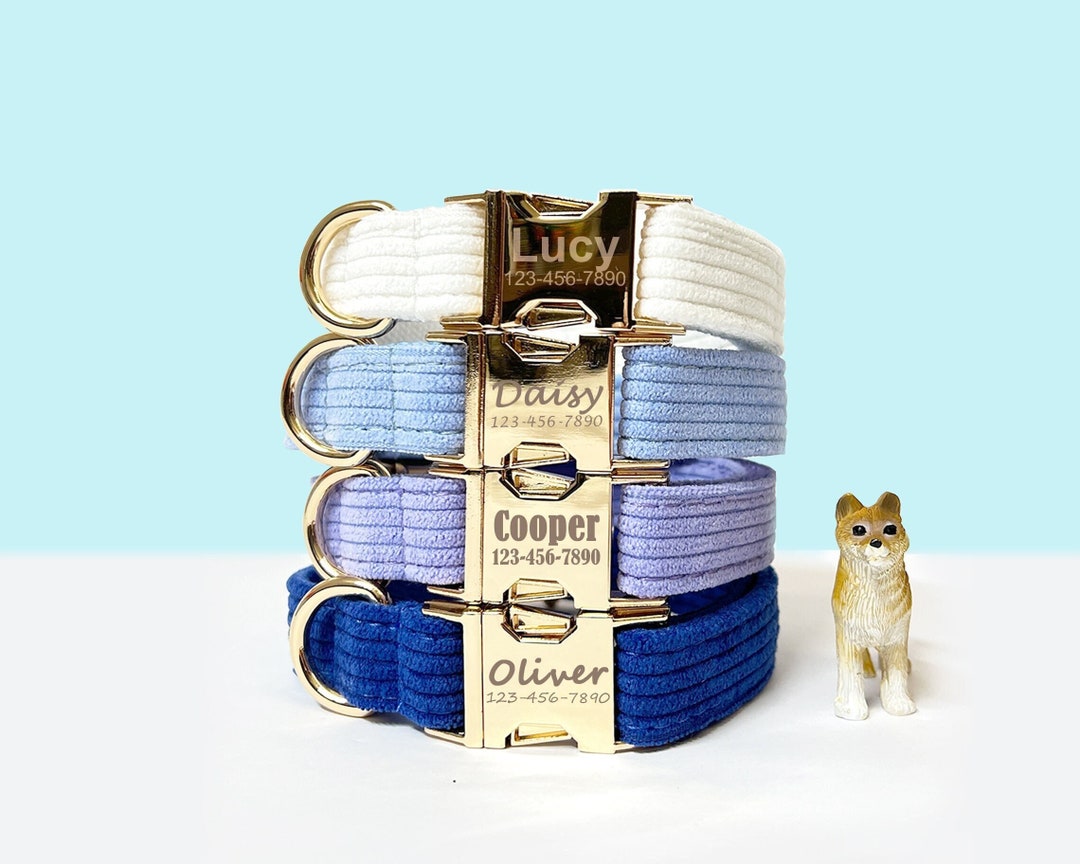 Blue Corduroy Dog Collar Personalized Soft Dog Collar Velvet Dog Collar