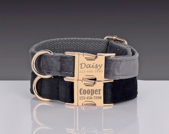 Custom Velvet Dog Collar and Leash Set with Bowtie | Engraved Pet Collar